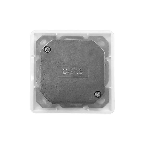 Rückseite einer Netzwerkdose CAT 6 mit Metallgehäuse und weißem Rahmen.