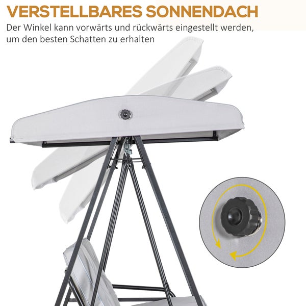 Outsunny Hollywoodschaukel 2-Sitzer Gartenschaukel mit Verstellbarem Dach, Kissen, Schaukelbank bis 220 kg Belastbar, für Garten, Balkon, Grau, 145 x 116 x 172 cm