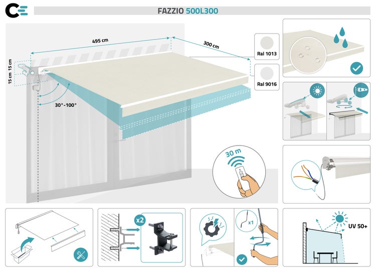 Fazzio 500L300 Markise mit Abmessungen, RAL-Farben und Montageanleitung