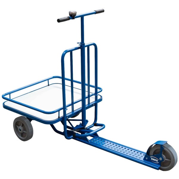 Transportroller mit Ladefläche und Lenkstange, blaues Stahlgestell, drei Räder, Klingel am Griff, Schefer Logo.