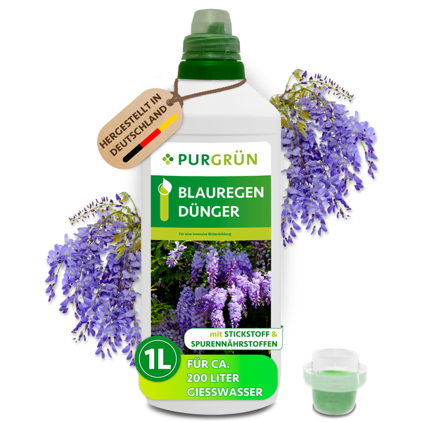 Purgrün Blauregen Dünger in einer 1 Liter Flasche für circa 200 Liter Gießwasser, mit Stickstoff und Spurennährstoffen, hergestellt in Deutschland.