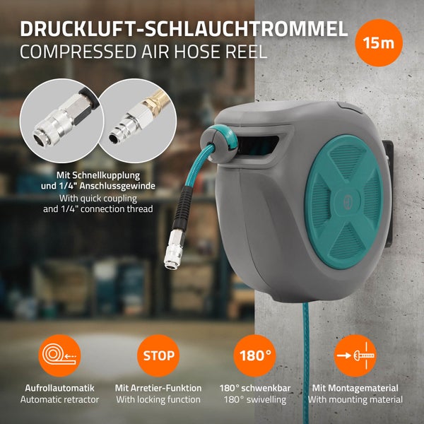 Automatische Druckluftschlauchaufroller mit 15 Meter Schlauch, Schnellkupplung, 1/4 Zoll Anschlussgewinde, Arretierfunktion und Wandhalterung.