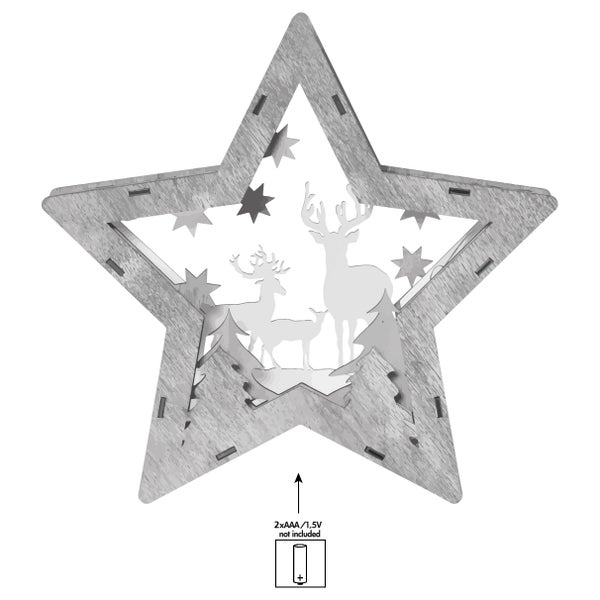 Dekorativer Stern aus Holz mit Hirsch- und Tannenbaum-Motiv, batteriebetrieben