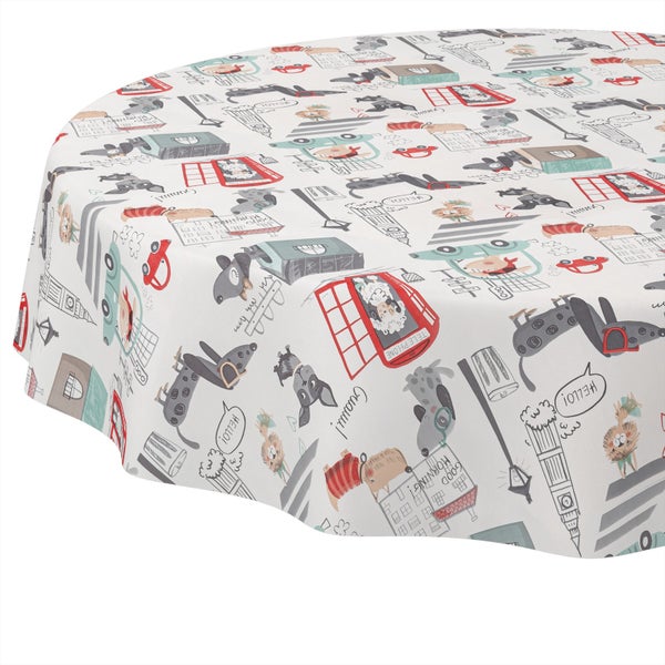 Runde Tischdecke mit London-Motiven wie Big Ben, Telefonzellen und illustrierten Hunden.