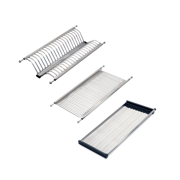 Dreiteiliges Abtropfgestell aus Edelstahl bestehend aus Tellerhalter, Tassenablage und Auffangschale.
