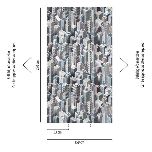Fototapete mit Stadtmotiv und Maßangaben
