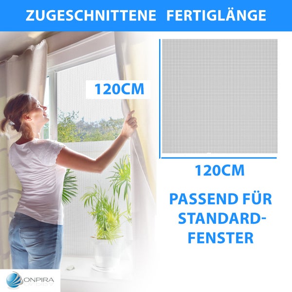 Insektenschutzgitter für Standardfenster, 120 mal 120 Zentimeter, zugeschnittene Fertiglänge, Frau öffnet Vorhang am hellen Fenster, Onpira Logo.