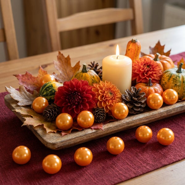 Herbstliche Tischdekoration auf einem Holztablett mit Kürbissen, Dahlien, Tannenzapfen und einer brennenden Kerze auf einem roten Tischläufer.