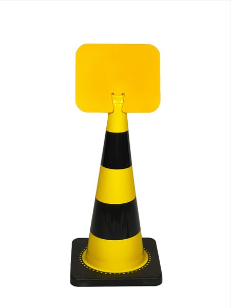 UvV Flex Kegel 50 oder 75cm weiße Streifen + Aufsteckschild Wunschtext / Kegel 750 mm / gelb/schwarz- gelbes Schild