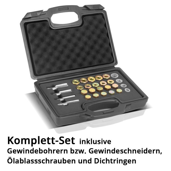 Komplettset mit Gewindebohrern, Gewindeschneidern, Ölablassschrauben und Dichtringen in schwarzem Koffer