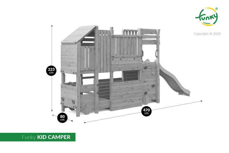 Funky Combo Spielturm KID CAMPER aus Holz mit Rutsche und Kletterwand. Maße: Höhe 223 Zentimeter, Breite 80 Zentimeter, Länge 470 Zentimeter.
