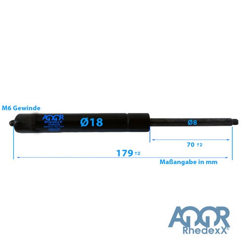 Gasdruckfeder mit Gewinde M6, Durchmesser 18 Millimeter und 8 Millimeter, Gesamtlänge 179 Millimeter, Hub 70 Millimeter.