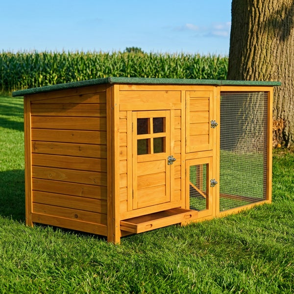 Kleintierstall aus Holz mit integriertem Freilaufgehege aus Drahtgitter, ausziehbarer Reinigungswanne und wetterfestem Dach auf einer Wiese.