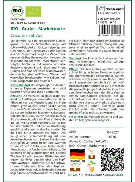 SAFLAX Geschenk Set - BIO - Gurke - Marketmore - Cucumis sativus - 20 Samen - Mit Geschenkbox, Versandaufkleber, Geschenkkarte und Anzuchtsubstrat