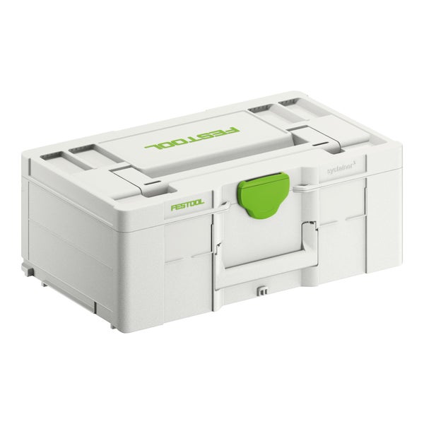 Festool Systainer³ Werkzeugkoffer aus robustem Kunststoff mit Tragegriff und grünem Schnappverschluss.