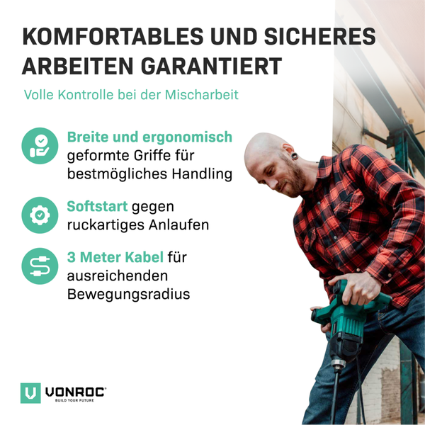 VONROC Betonmischer inkl. Rührwerk [1400W] - Quirl Mörtelrührer [mit Sanftanlauf] für Beton, Zement, Farbe, Mörtel - Einstellbare Geschwindigkeit [240-850/min]