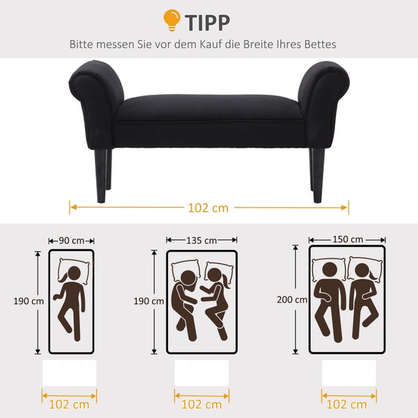 HOMCOM Bettbank, Polsterbank, Sitzbank, Flurbank für Schlafzimmer, bis 130 kg Belastbar, Segelstoff, Schwarz, 102 x 36 x 51 cm
