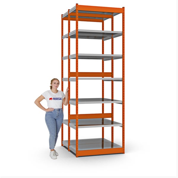 PROREGAL Fachbodenregal Stecksystem Vierkant-Profil Grundregal HxBxT 300 x 102,5 x 50 cm 2x7 Ebenen Doppelseitige Bauart Fachlast 200 kg Orange