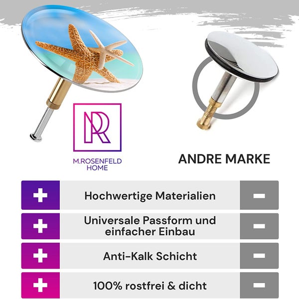 M. ROSENFELD HOME Badewannenstöpsel mit Motiv Seestern - Sea Star - Stöpsel Badewanne 72mm Universal Badewannenstöpsel aus Messing mit Doppel Dichtung