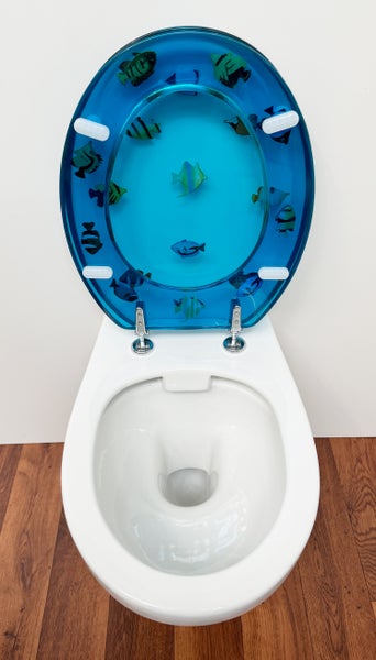 WC Sitz Fische blau, aus massivem Polyester, universalpassend durch verstellbare Messingscharniere