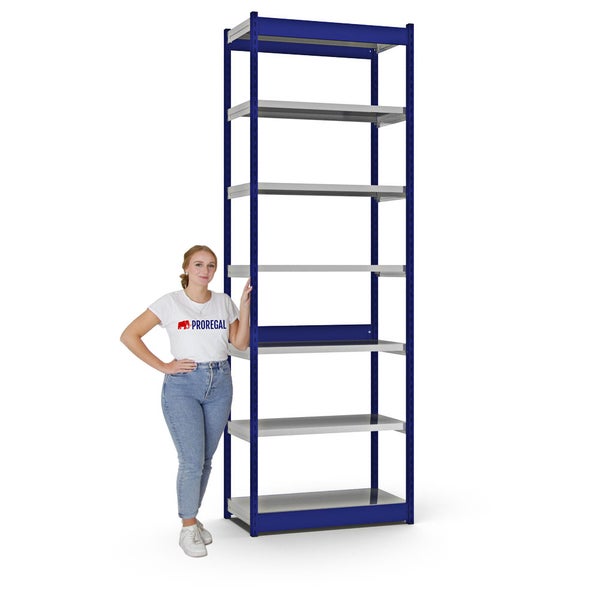PROREGAL Fachbodenregal Stecksystem Vierkant-Profil Grundregal HxBxT 300 x 102,5 x 40 cm 7 Ebenen Einseitige Bauart Fachlast 200 kg Enzianblau