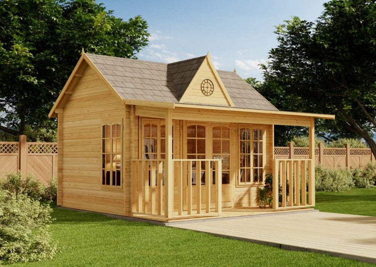Alpholz Gartenhaus CLOCKHOUSE® Oxford 44 ISO Gartenhaus aus Holz in natur, Holzhaus mit 44 mm Wandstärke inklusive Terrasse, Blockbohlenhaus mit Montagematerial imprägniert 4,2x3,2m