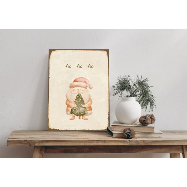 Blechschild, Alu-Dibond, Retro Wandbild Weihnachten Weihnachtsmann mit Tanne STA2487 in 20x30cm inkl. Lochbohrung