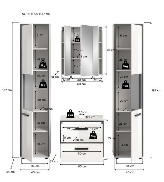Maßzeichnung Badezimmermöbel-Set mit zwei Hochschränken, Spiegelskrank und Unterschrank inklusive Maßen in Zentimeter und Belastungsangaben.