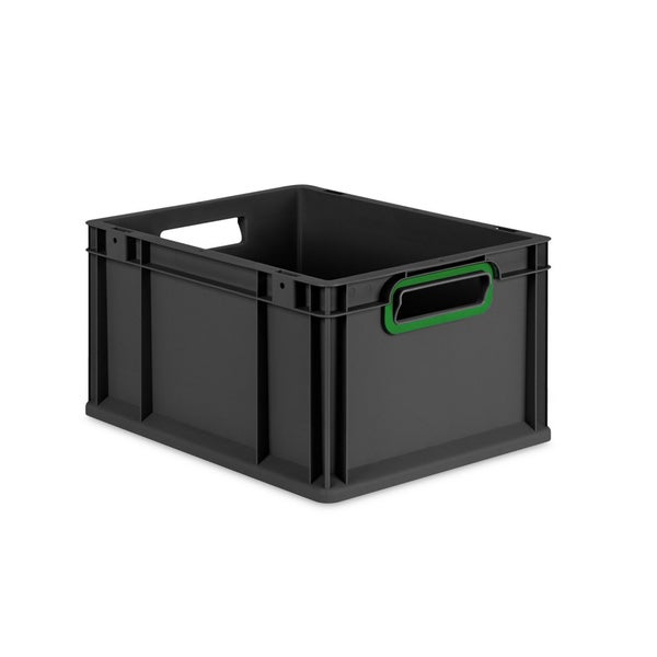 Eurobox NextGen Color, HxBxT 22x30x40cm, 20 Liter, Griffe grün offen, Schwarz, Eurobehälter, Transportbox, Transportbehälter, Stapelbehälter