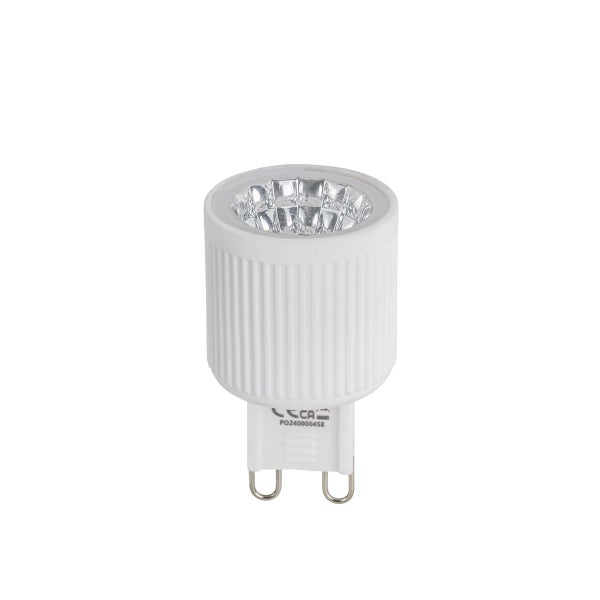 LED-Leuchtmittel mit G9-Sockel, geripptes weißes Gehäuse und facettierter Reflektor.