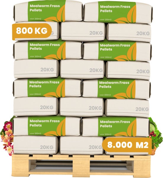 Palette mit Mehlwurmkotpellets, Gesamtgewicht 800 Kilogramm und geeignet für 8000 Quadratmeter