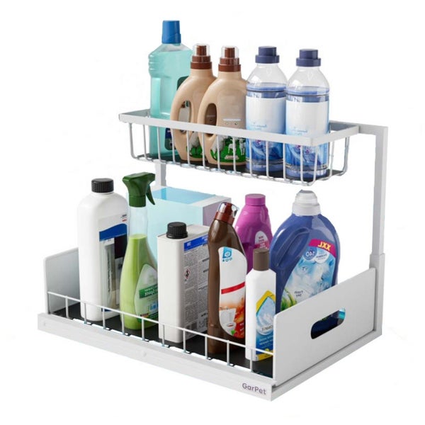 Spülschrank Organizer schmal ausziehbar Küche Metall 2 Etagen unter Waschbecken Regal Küchen Organizer Gewürzregale Organizer für Badezimmer weiß