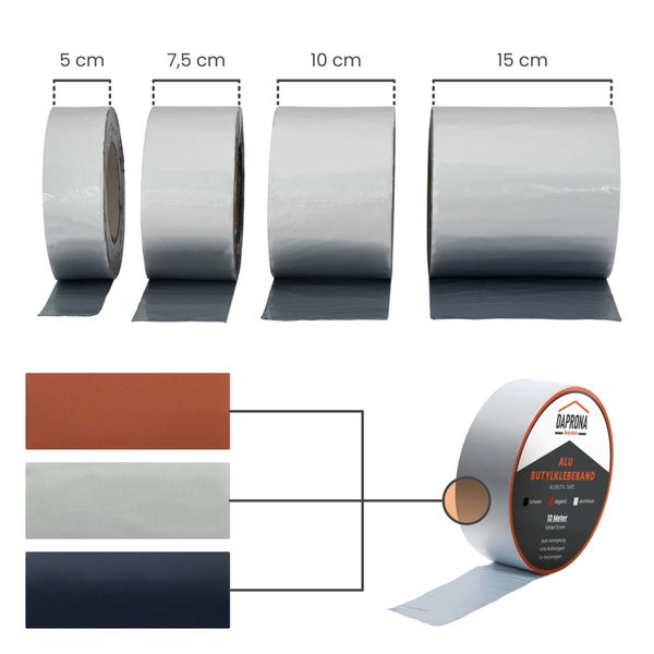 Daprona Alu Butylklebeband in Breiten von 5, 7,5, 10 und 15 Zentimeter. Länge 10 Meter, Stärke 1,5 Millimeter. Farben Silber, Schwarz und Ziegelrot.
