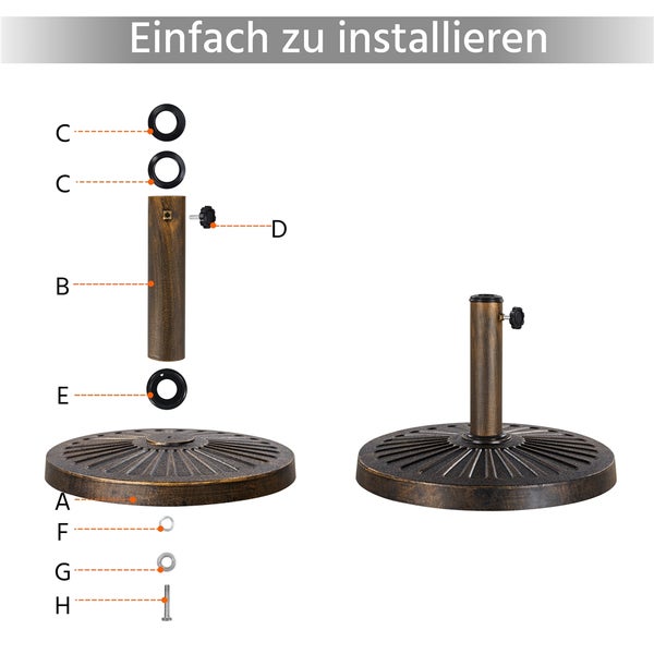 Explosionszeichnung eines Sonnenschirmständers mit Einzelteilen von A bis H und fertig montiertem Ständer.