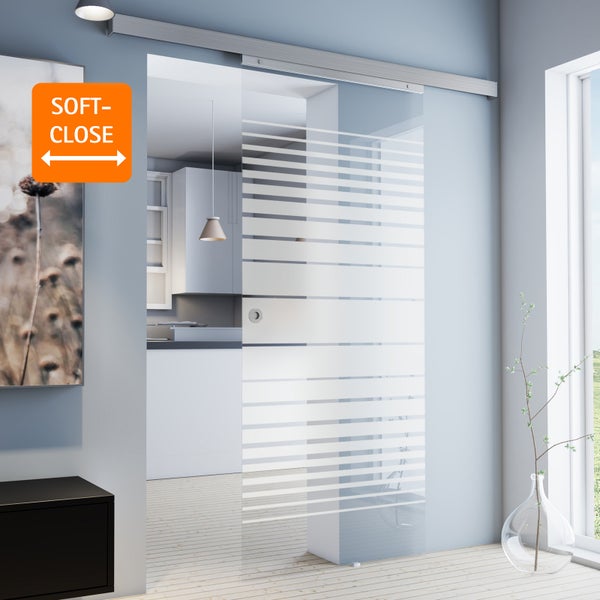 Tür Schiebetür Komplettset Glas gestreift 880x2035 Zimmertür Glasschiebetür -  Quadratgriff+2seitiger Softclose