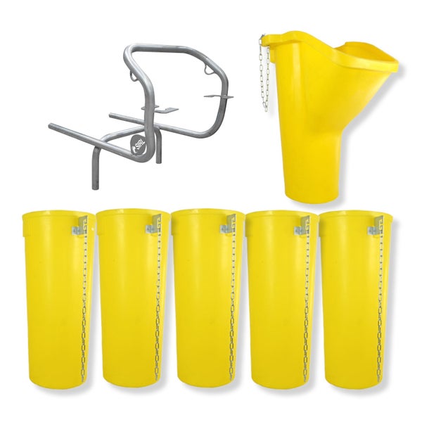 Fünf gelbe Schutzkübel, ein gelber Schutzkübeltrichter und ein Stahlrohrbügel