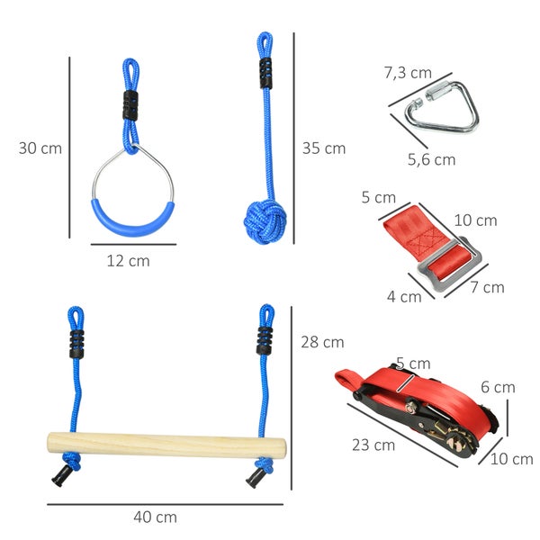 Abmessungen von Trapez, Turnringen, Turnkugel, Schaukelbrett, Karabiner und Spanngurt dargestellt.