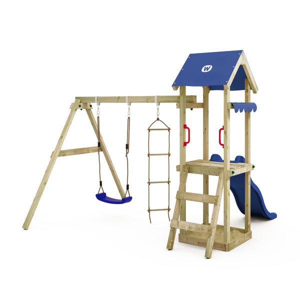 WICKEY Spielturm Klettergerüst TinyCabin mit Schaukel und Rutsche, Kletterturm mit Sandkasten, Leiter und Spiel-Zubehör - blau