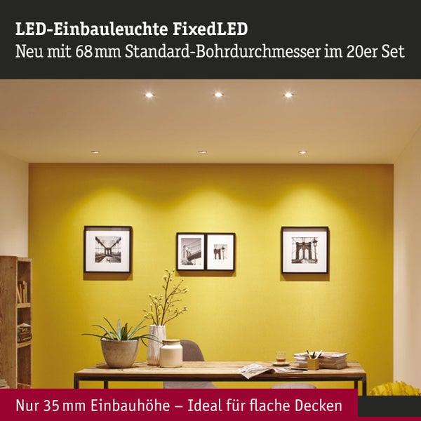 LED-Einbauleuchten FixedLED in einer flachen Decke über einem Tisch. Einbauhöhe von 35 Millimeter, ideal für flache Decken.