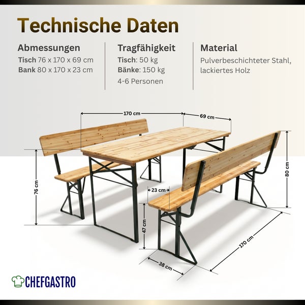 Bierzeltgarnitur mit Tisch und zwei Bänken mit Lehne. Maße Tisch: 76 mal 170 mal 69 Zentimeter. Material: Stahl und Holz. CHEFGASTRO Logo.