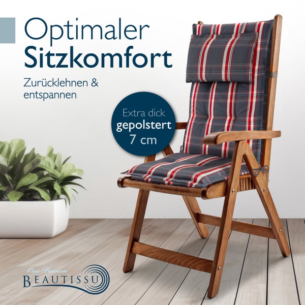 Hochlehner-Gartenstuhl aus Holz mit einer 7 Zentimeter dicken, karierten Auflage und integriertem Kopfpolster. Beautissu Logo.
