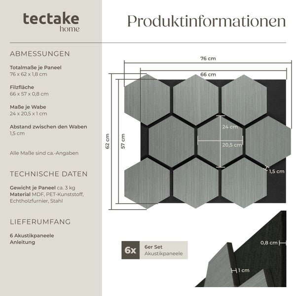 tectake home Logo sowie Produktinformationen zu Akustikpaneelen im 6er Set mit Maßen, Materialangaben und Lieferumfang.