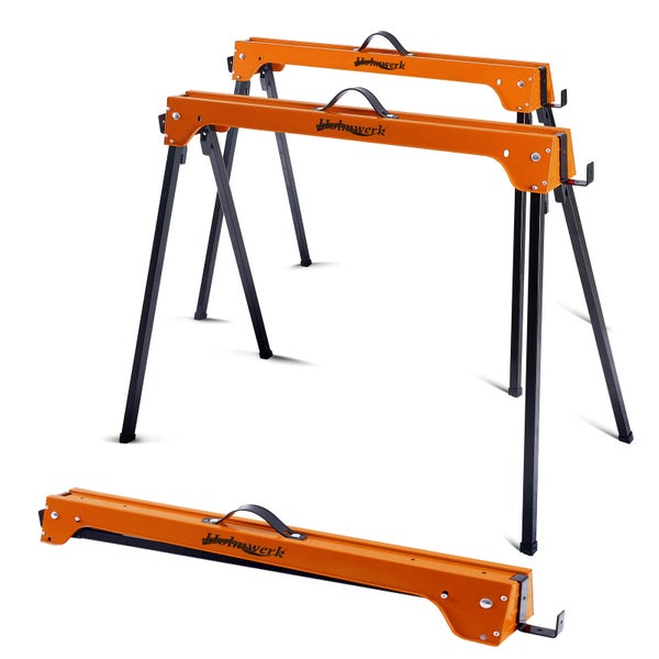 Holmwerk Logo. Arbeitsbock mit Abmessungen. Aufgestellt: 74 mal 83 mal 48 Zentimeter. Zusammengeklappt: 10 mal 83 mal 13 Zentimeter.