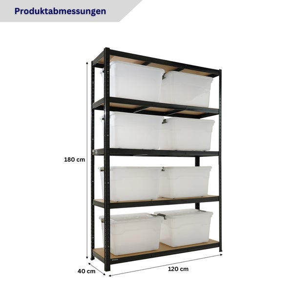 Schwarzes Schwerlastregal mit transparenten Kunststoffboxen, 180 Zentimeter hoch, 120 Zentimeter breit und 40 Zentimeter tief.