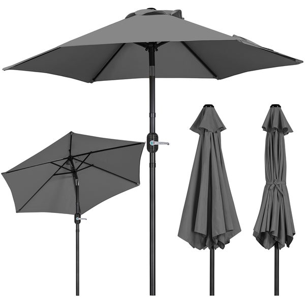 Grauer Gartenschirm in verschiedenen Ansichten: geöffnet, geschlossen und teilweise geöffnet.