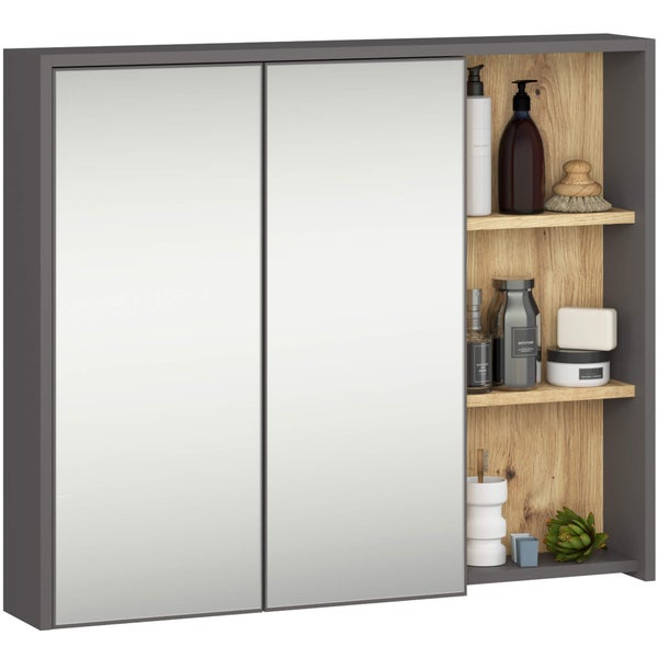 Badezimmerschrank mit Spiegeltüren und Holzregalen