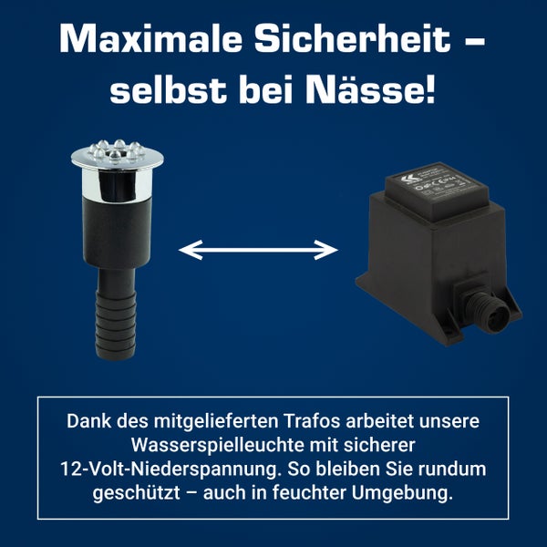 LED-Wasserspielleuchte mit 12 Volt Niederspannungstransformator für Sicherheit in feuchter Umgebung mit Spritzwasserschutz.