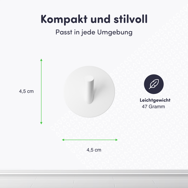 Weißer runder Wandhaken, Maße 4,5 mal 4,5 Zentimeter, Gewicht 47 Gramm.