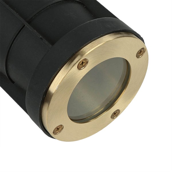 Detailaufnahme einer Bodenleuchte mit Gehäuse und Leuchtmittel