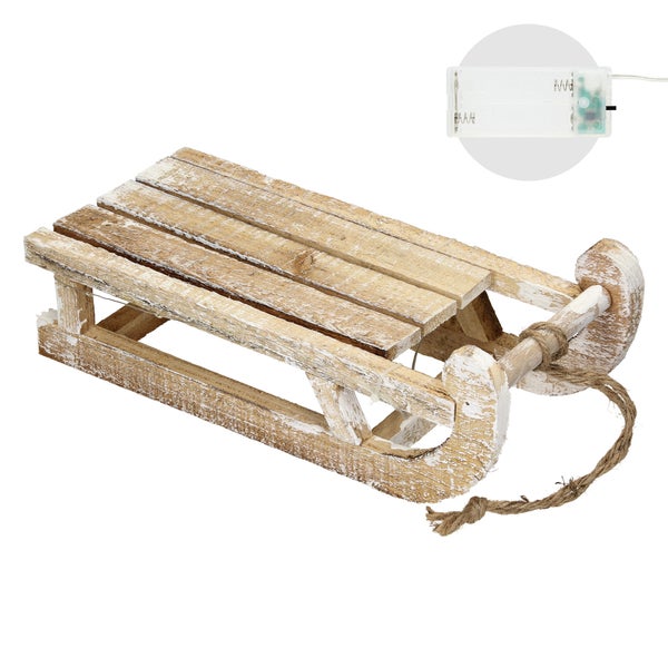 ECD Germany Deko Schlitten aus Holz mit 25 Warmweißen LEDs, 31,5x14,5x10,5 cm, Braun-Natur, Batterriebetrieben, Timer 6 Std., Schnur, Weihnachtsdeko Weihnachten Dekoration Dekoschlitten Holzschlitten